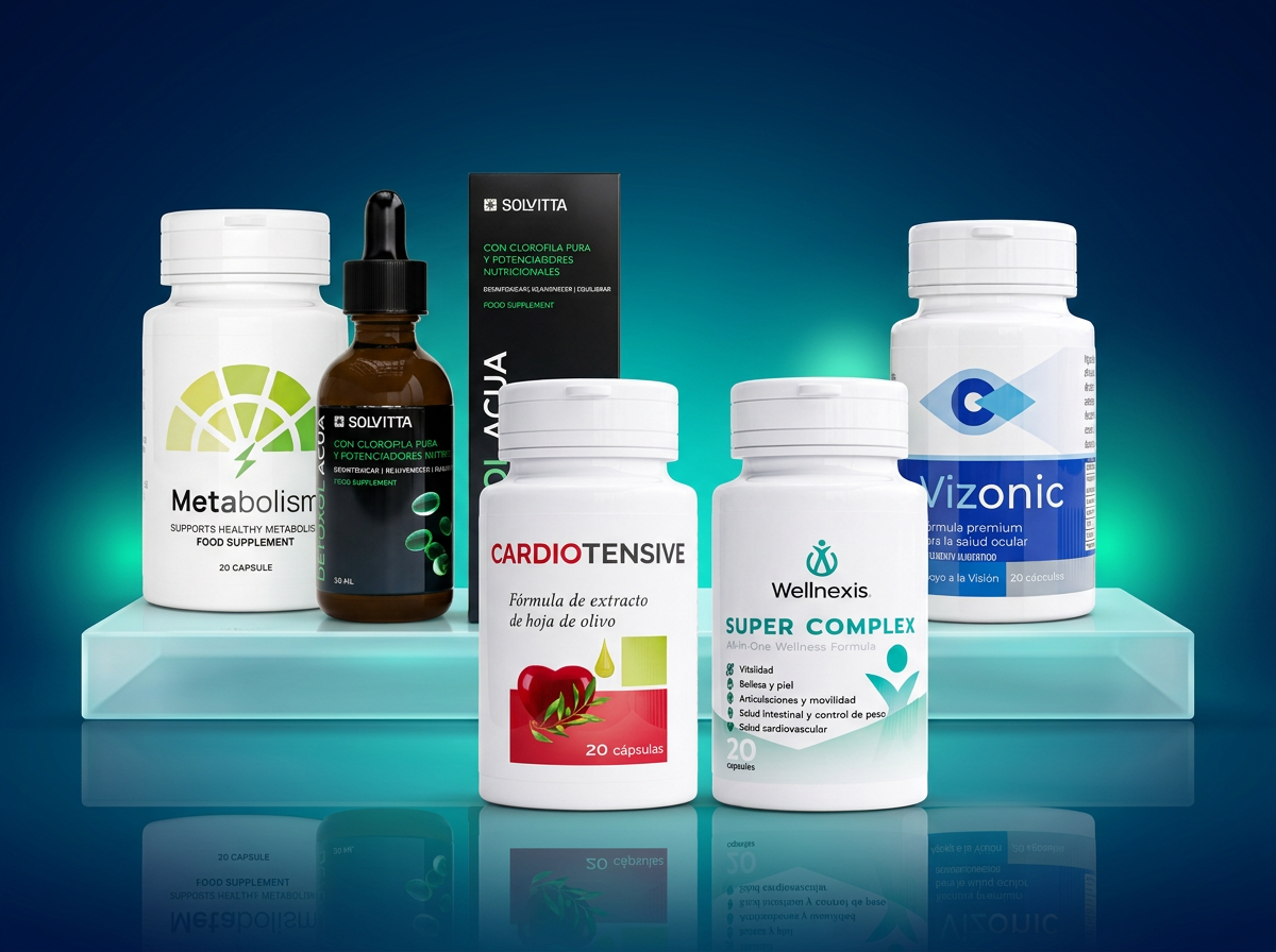 Banner con productos reales Avanta Pro: Metabolism, Cardiotensive, Detoxol Acua, Wellnexis y Vizonic