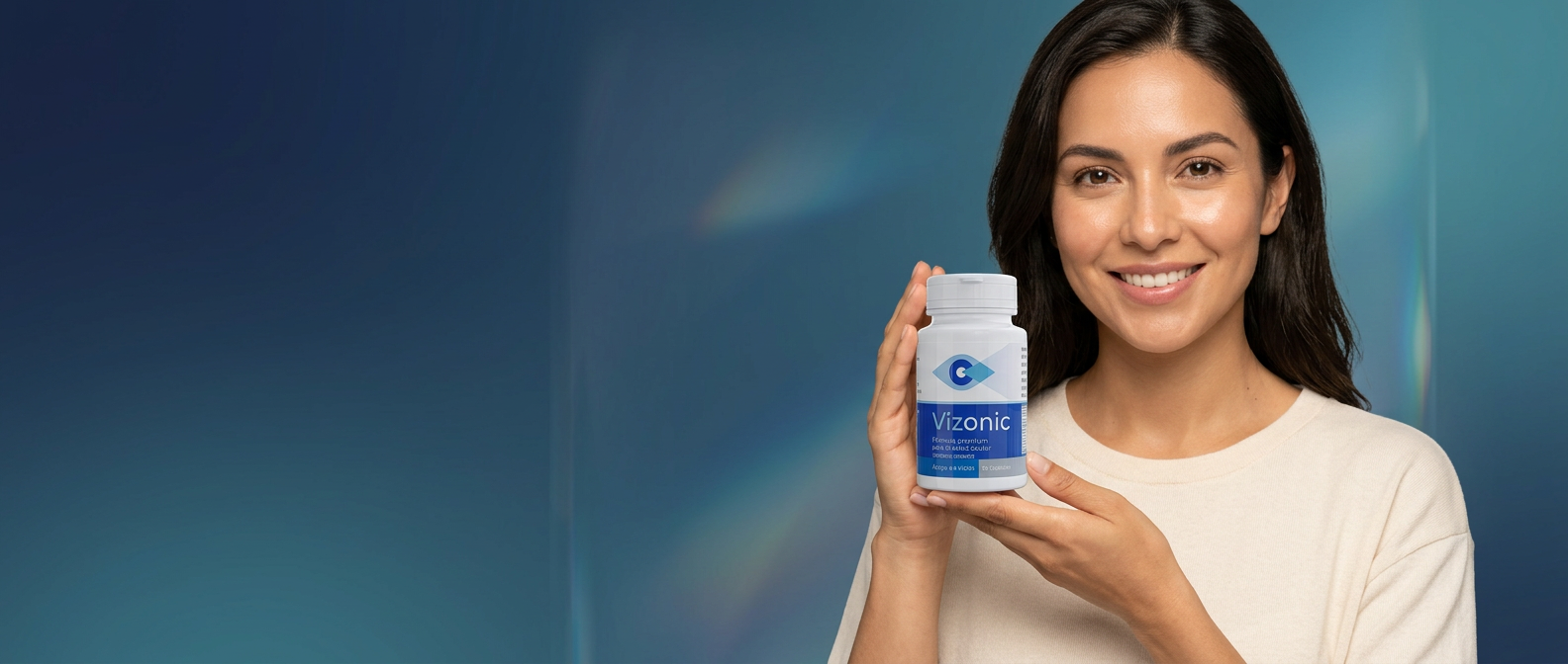 Modelo sosteniendo Vizonic, suplemento premium para la salud ocular