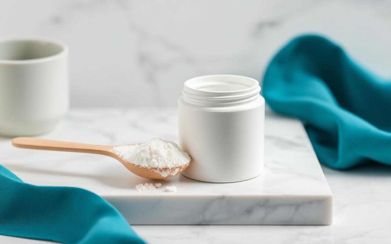Cuchara con polvo de colágeno junto a un frasco blanco sobre superficie de mármol