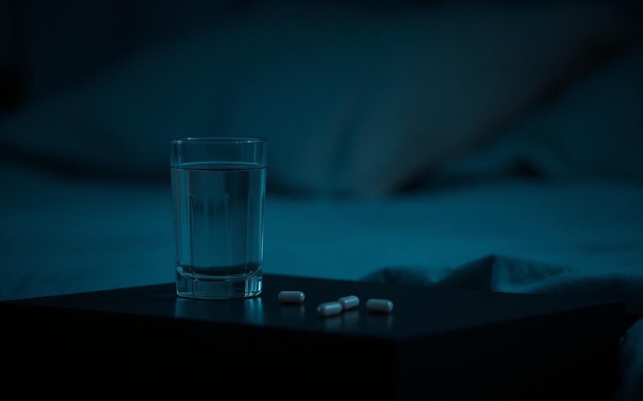 Vaso de agua y cápsulas sobre una mesa de noche con luz azulada