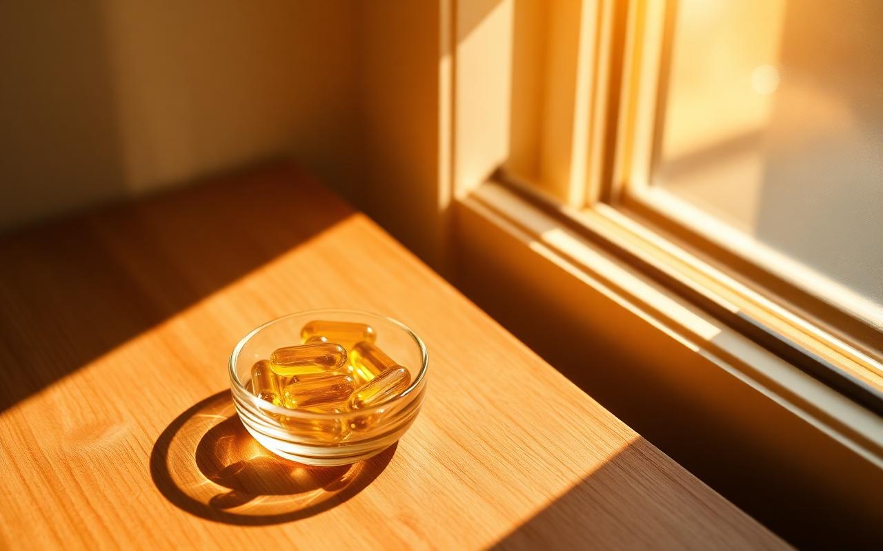 Cápsulas doradas en un recipiente de vidrio bajo la luz del sol de la mañana